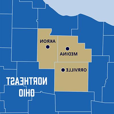 Map showing University of Akron sites in Medina, Lakewood, Orrville and elsewhere